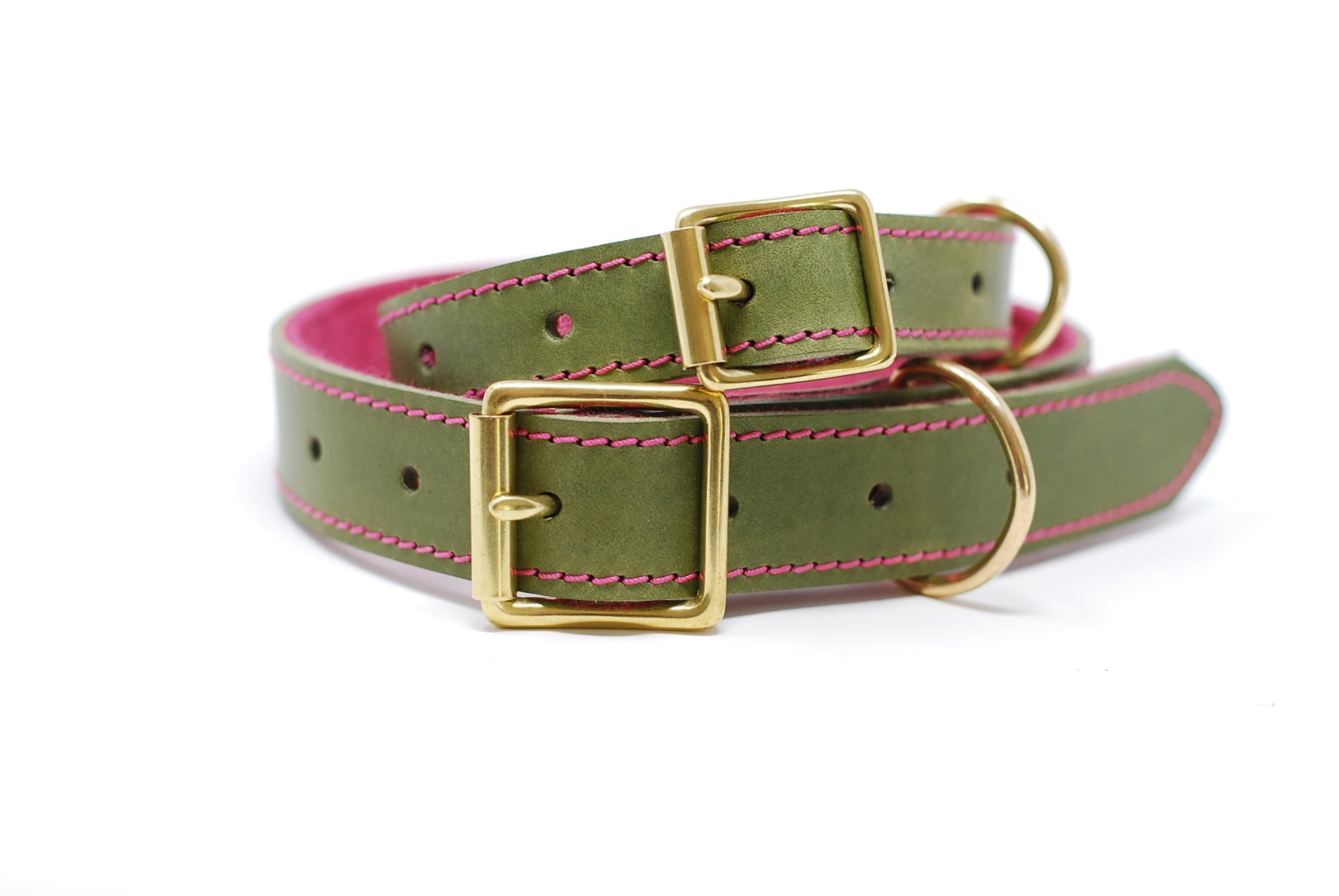 Leather and felt dog collar - Olive and raspberry