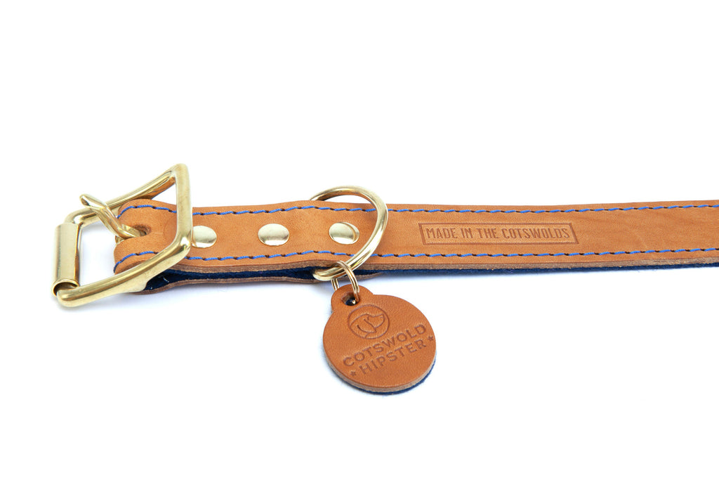 Leather and felt dog collar - Tan and marine